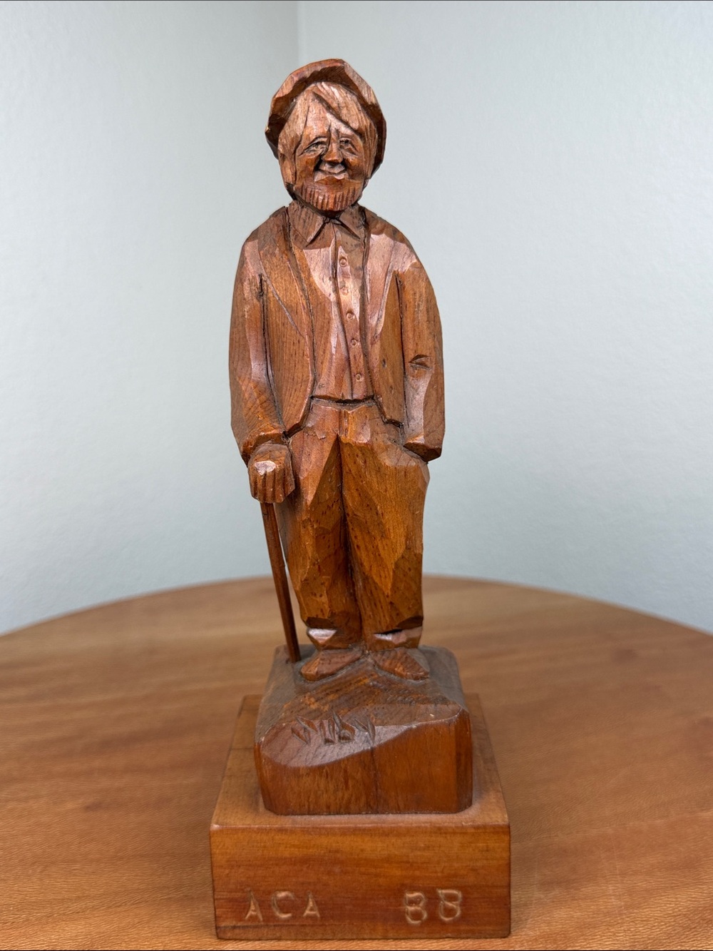 Vintage 1988 Carved Wooden Old Man With A Walking Stick Figure Folk Art